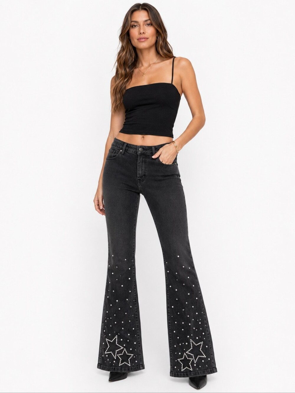 VENUS PLUS SIZE Crystal Rhinestone Star-Embellished Black Flare Jeans